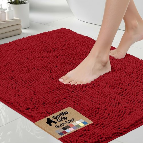 GORILLA GRIP Bath Rug Mat - Thick Soft Absorbent Chenille | Quick-Dry Microfiber, 44x26, Red