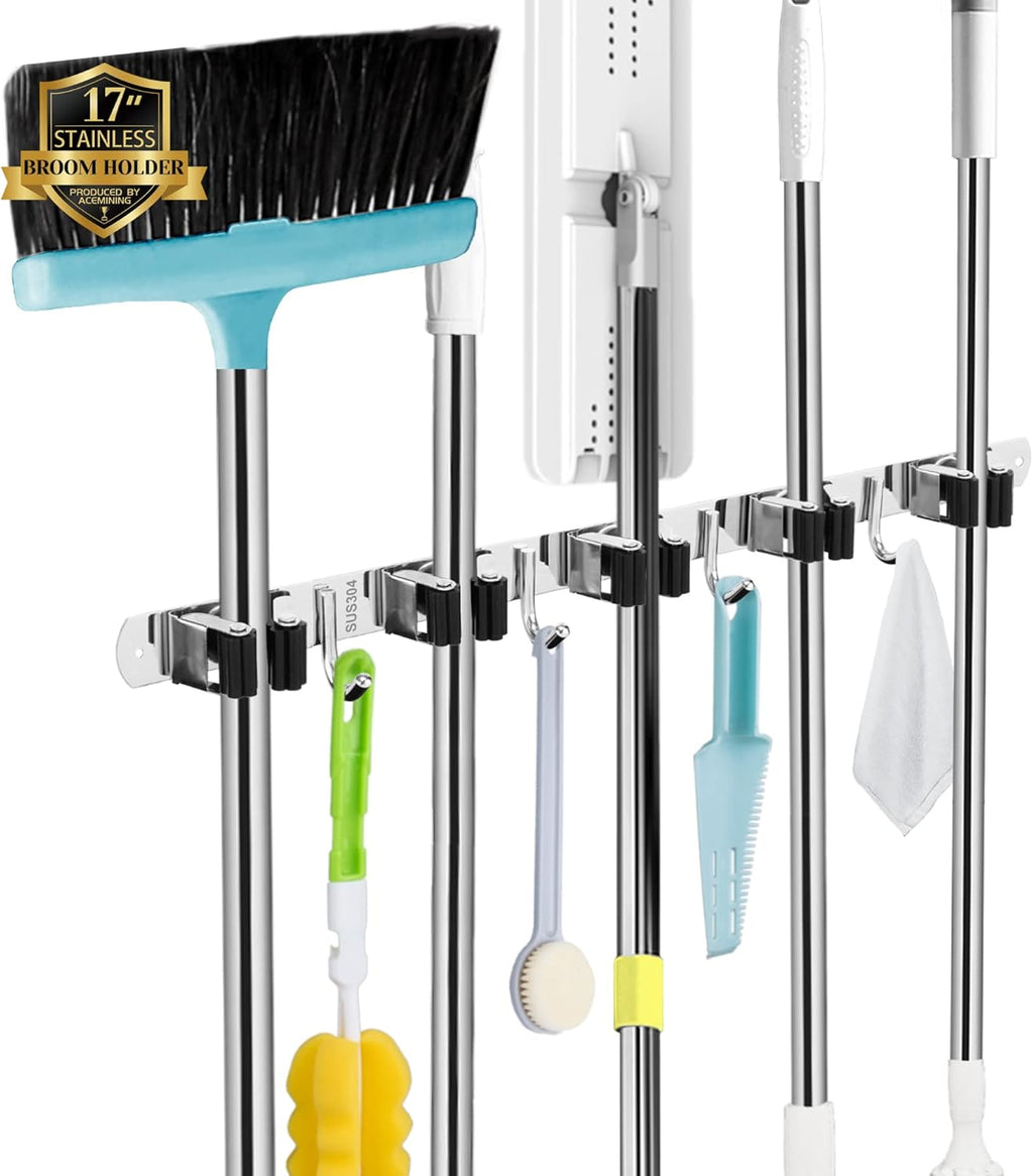 Skiennix Wall-Mounted Broom and Mop Holder - Heavy-Duty Stainless Steel Organizer with 5 Racks & 4 Hooks