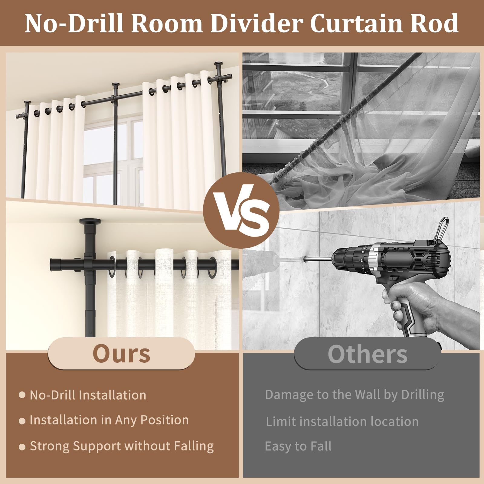 Room Divider No Drilling Curtain Rod Wall Divider for Room Separation, 4-10ft(H) 28-114inch(W) Adjustable, Heavy Duty Partition Space Separator Freestanding Tension Curtain Stand, Black