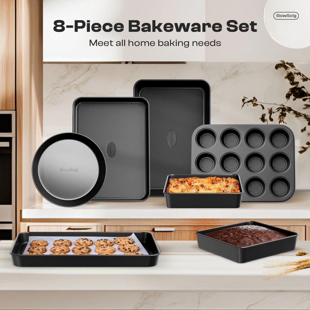 Skiennix Nonstick Baking Pans Set - 8-Piece Stackable Bakeware Set | Non-Toxic Oven Pans in Black