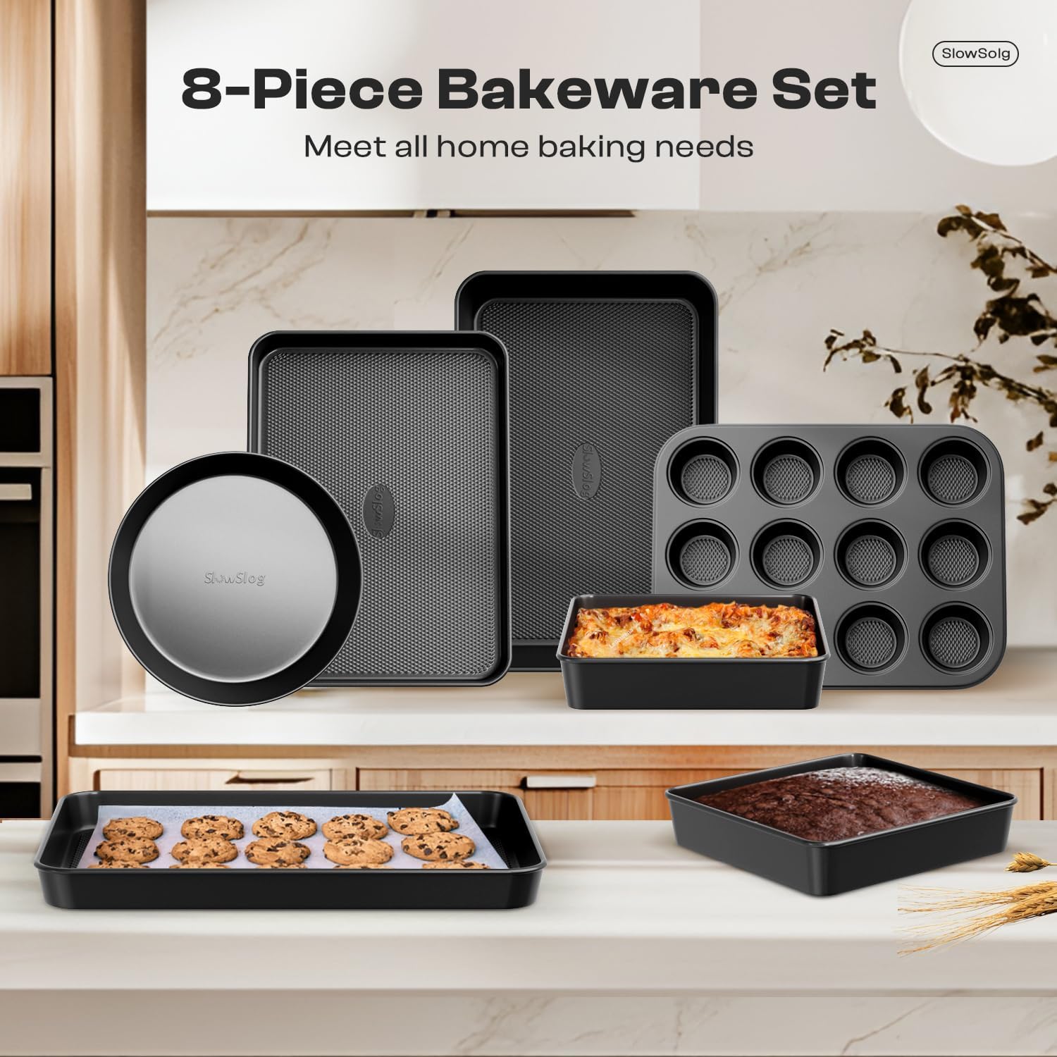 Skiennix Nonstick Baking Pans Set - 8-Piece Stackable Bakeware Set | Non-Toxic Oven Pans in Black