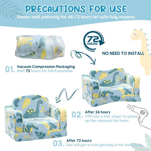 Airpanda Comfy Toddler Chair and Couch for Kids with Blanket,2-in-1 Soft Plush Fold Out Toddler Couch for Girls and Boys,Convertible Sofa to Lounger for Playroom,Glowing Dinosaur