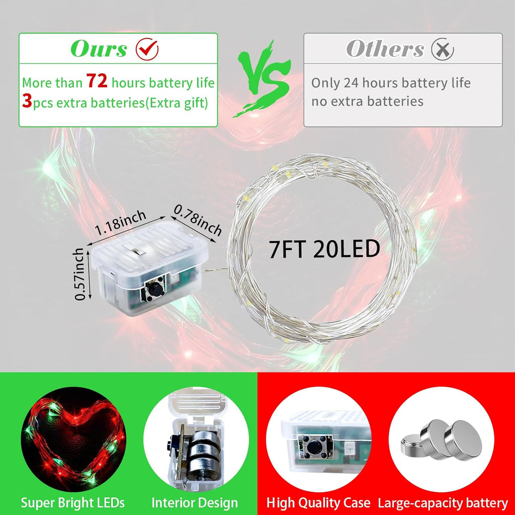 Skiennix 12 Pack Fairy Lights - 7Ft 20 LED Twinkle String Lights | Waterproof & Battery Operated for Parties, Weddings, Christmas & More - Red & Green