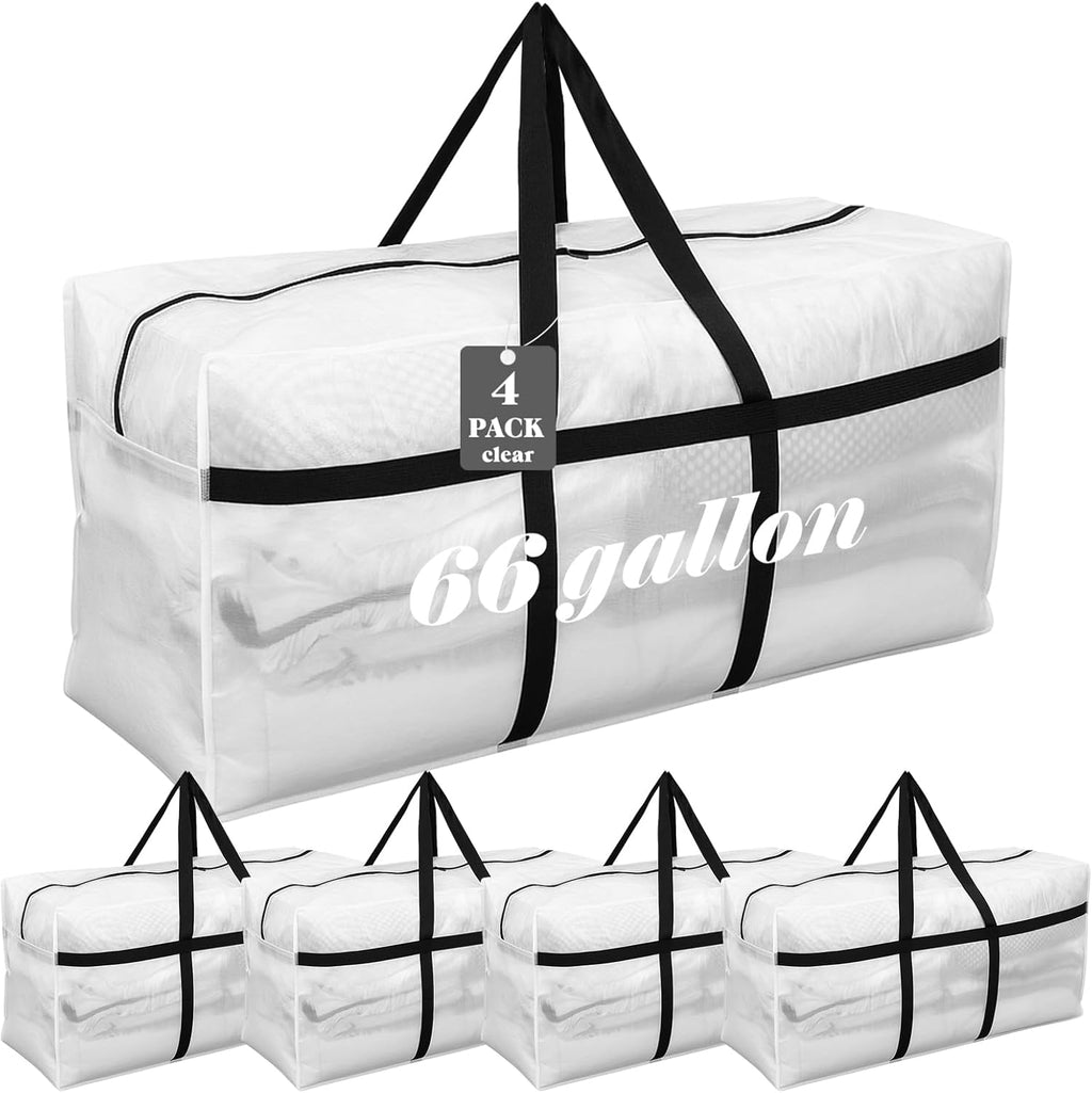 Skiennix 66 Gallon Extra Large Heavy-Duty Moving Bags - Foldable Jumbo Storage Tote with Strong Zipper Handle (Clear)