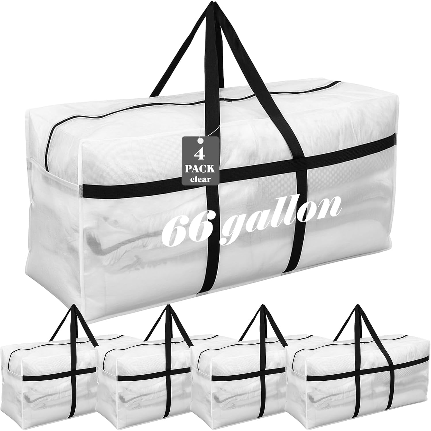 Skiennix 66 Gallon Extra Large Heavy-Duty Moving Bags - Foldable Jumbo Storage Tote with Strong Zipper Handle (Clear)