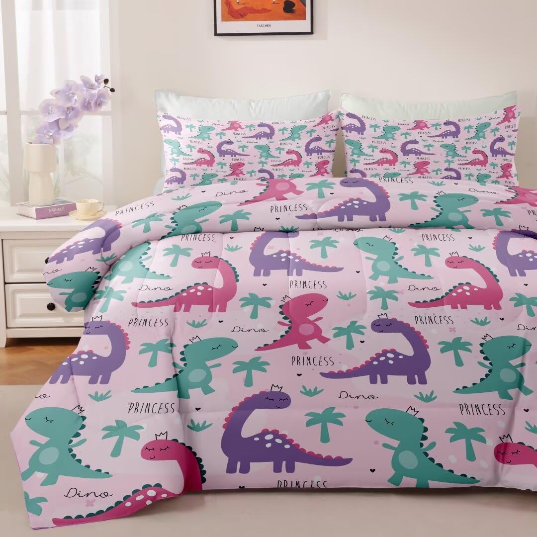 CKOU CCOO Full Dinosaur Bedding Set for Girls Teens Kids, Cute Dinosaur Pink and Green Comforter Set with 2 Pillowcases, Kawaii Animals Comforter Girl Dino Bedroom Decor