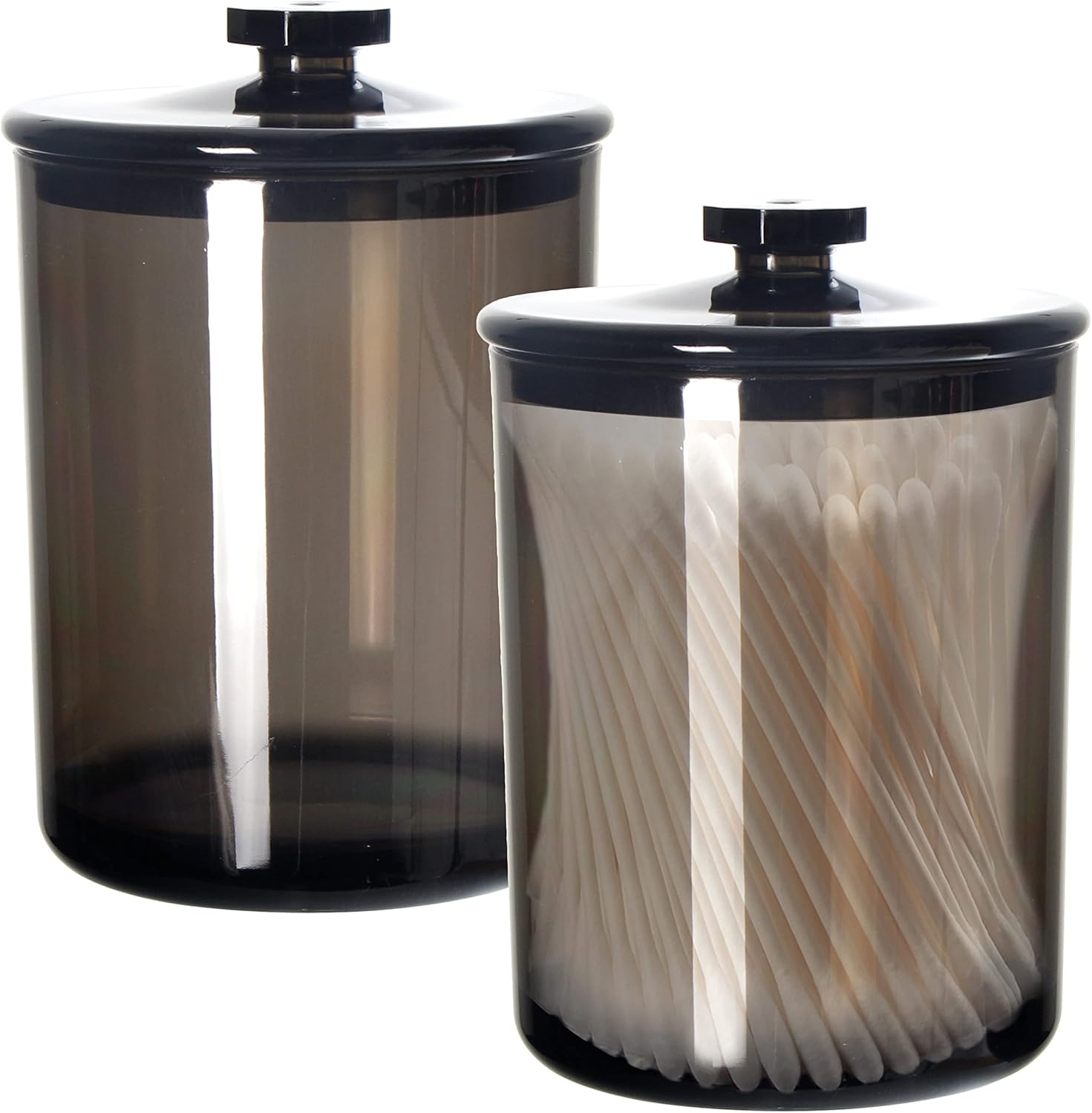 Youngever Apothecary Jars - Black Plastic Qtip & Cotton Swab Holder | Bathroom Vanity Organizer (15 oz, 2 Sets)