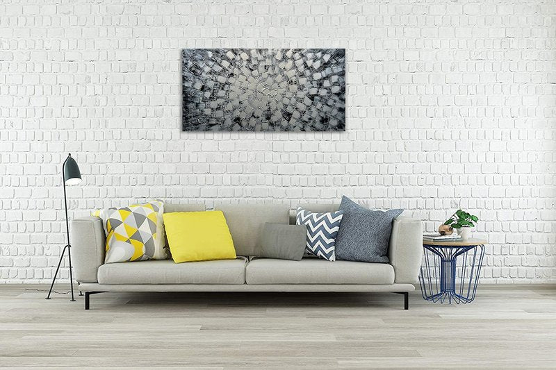 MyArton Textured Abstract Squares Canvas Wall Art Hand Painted Modern Black Silver Oil Painting Picture for Home Decoration Ready to Hang Horizontal or Vertical 40x20inch