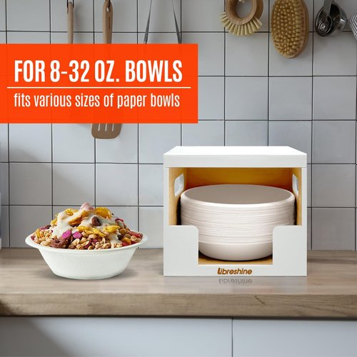 Libreshine Paper Bowl Dispenser Holder – White Bamboo Disposable Bowl Organizer for 8–32 oz, Holds 90+ Bowls – Clean & Space-Saving Countertop or Cabinet Storage, Upgraded Lid