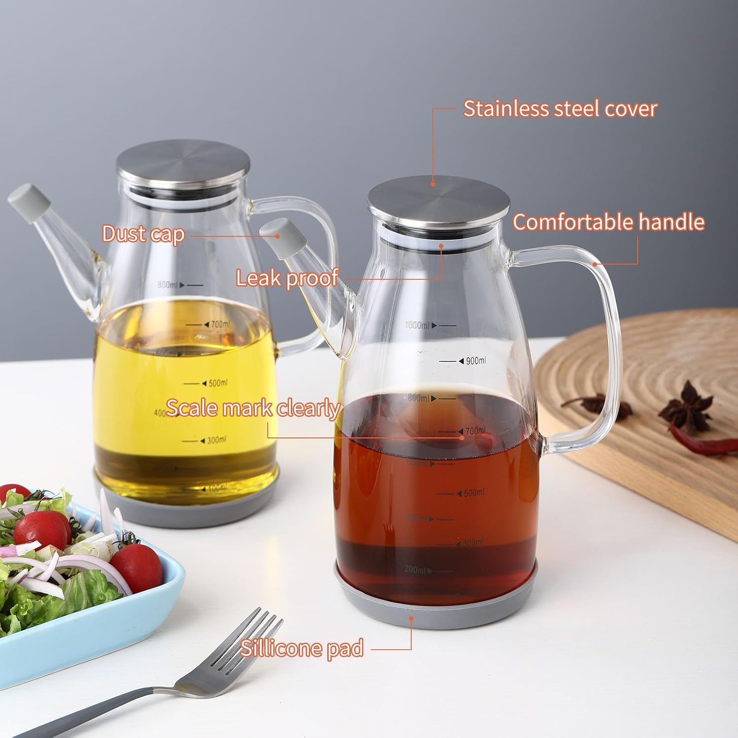 Skiennix Large Glass Oil Dispenser Bottle - No Drip Olive Oil & Vinegar Cruet | 20oz / 600ml Clear
