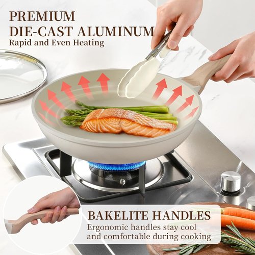 Kikcoin Non-Stick Ceramic Pots and Pans Set - 16-Piece Induction Cookware Set, White, Stackable