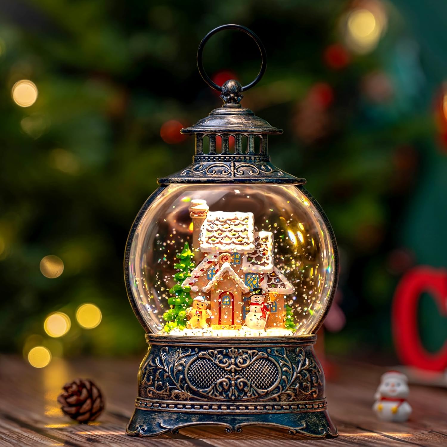 Regine Switzerland Christmas Snow Globe - Gingerbread Man & Snowman Water Lantern with Music & Timer | USB/Battery Operated for Festive Decor