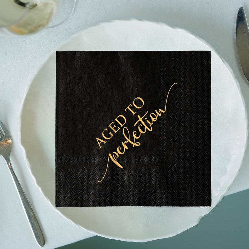 Aged to Perfection Birthday Party Disposable Paper Napkins 3-ply Gold Foil and Black Beverage Napkins for Happy Birthday Party Decorations Retirement Cocktail Napkins
