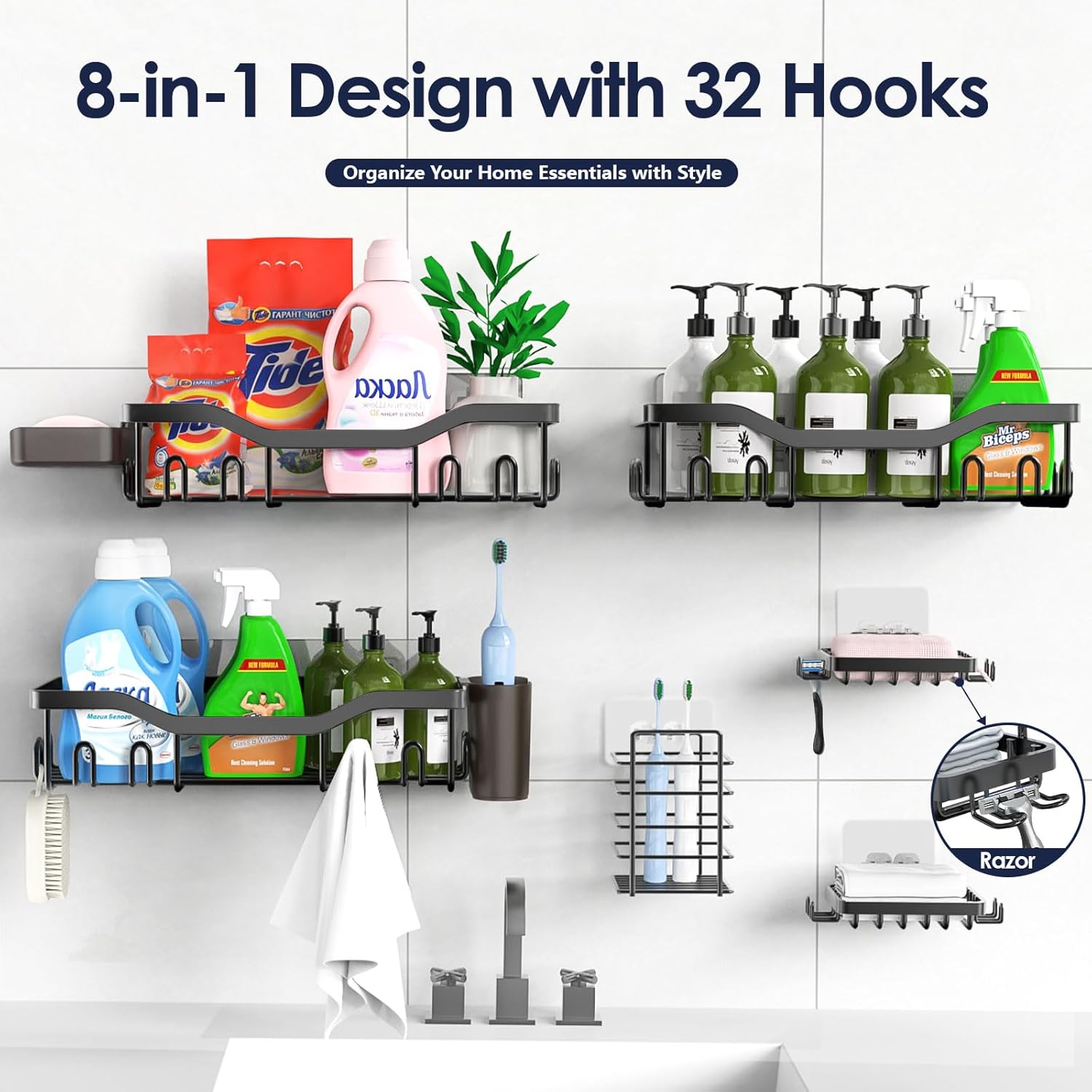 NESOMI Shower Caddy - Rustproof Stainless Steel Organizer with Soap Dish & Hooks | 8-Pack, No-Drill Storage