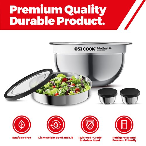18/8 Stainless Steel Salad Bowl Kit - 74oz, Mixing Bowls with Lids Set, Teakwood - Comes with 1.7oz Condiment Container and Removable Tray for Organization - Leak-Proof, Dishwasher Safe (Mirror)