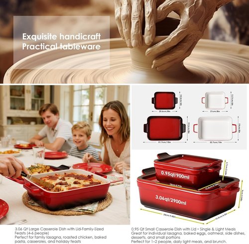 ACMLIFE Ceramic Casserole Dish Set - 4-Piece Stoneware Bakeware with Lid | Red, Oven-Safe, 3.06 Qt & 0.95 Qt