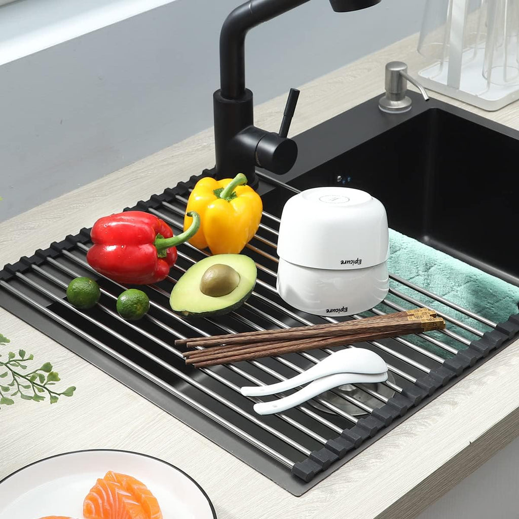 Skiennix Roll-Up Dish Drying Rack - 304 Stainless Steel, Foldable & Easy to Store | 17" x 13.5" - Black