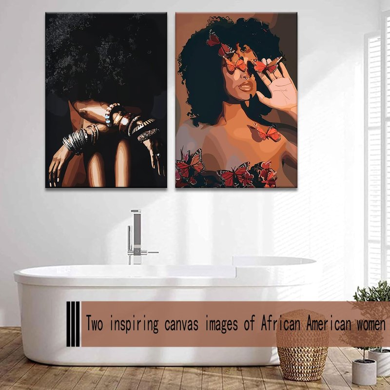 Framed Modern Abstract African American Women Wall Art (Set of 2), Canvas HD Print, Bohemian Black Girl with Energetic Butterfly Decor, Black Inspirational Contemplative Poster, Meditation Inspirational & Trendy Print, Living Room, Bedroom, Bathroom, Offi