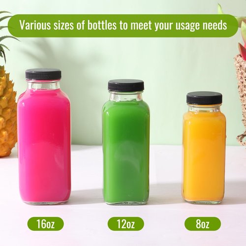 Miukada Glass Juice Bottles with Lids 12 oz, Reusable Glass Bottles 6 pcs, Square Juice Jars, Drink Containers with Caps for Smoothies, Kombucha, Beverages