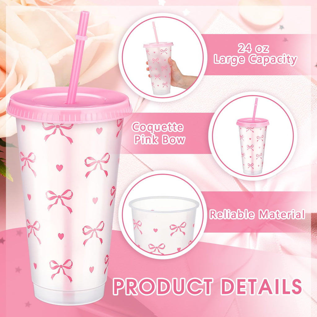 Reallnaive 12 Pcs Pink Bow Plastic Cups with Lids and Straws 24 oz Reusable Coquette Bow Tumbler Aesthetic Drinking Coffee Cup for Women Birthday Wedding Bridal Shower Party Supplies