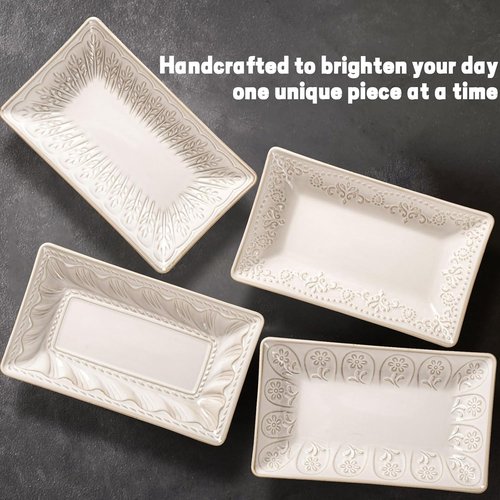 Artena Ceramic Rectangle Plates Set of 4 - Deep Lipped Edges for Appetizers, Sushi & Pasta | Microwave & Oven Safe