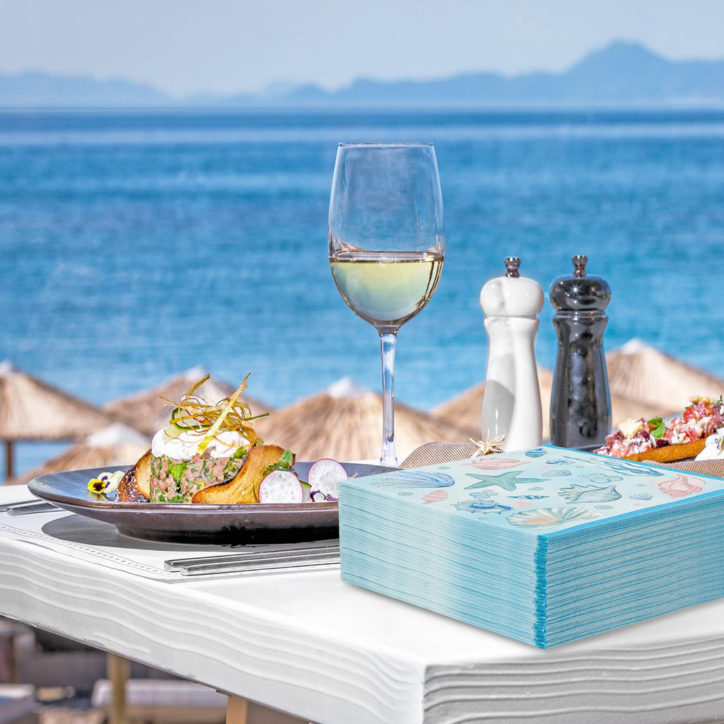JarThenaAMCS 80Pcs Sea Paper Napkins Blue Starfish Seashell Coral Disposable Napkins Summer Ocean Luncheon Dinner Napkins for Under the Sea Beach Party Supplies