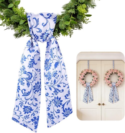 Azym Wreath Sash Set - Elegant Blue Floral Ribbon for Front Door & Indoor Decor | 2 Pcs