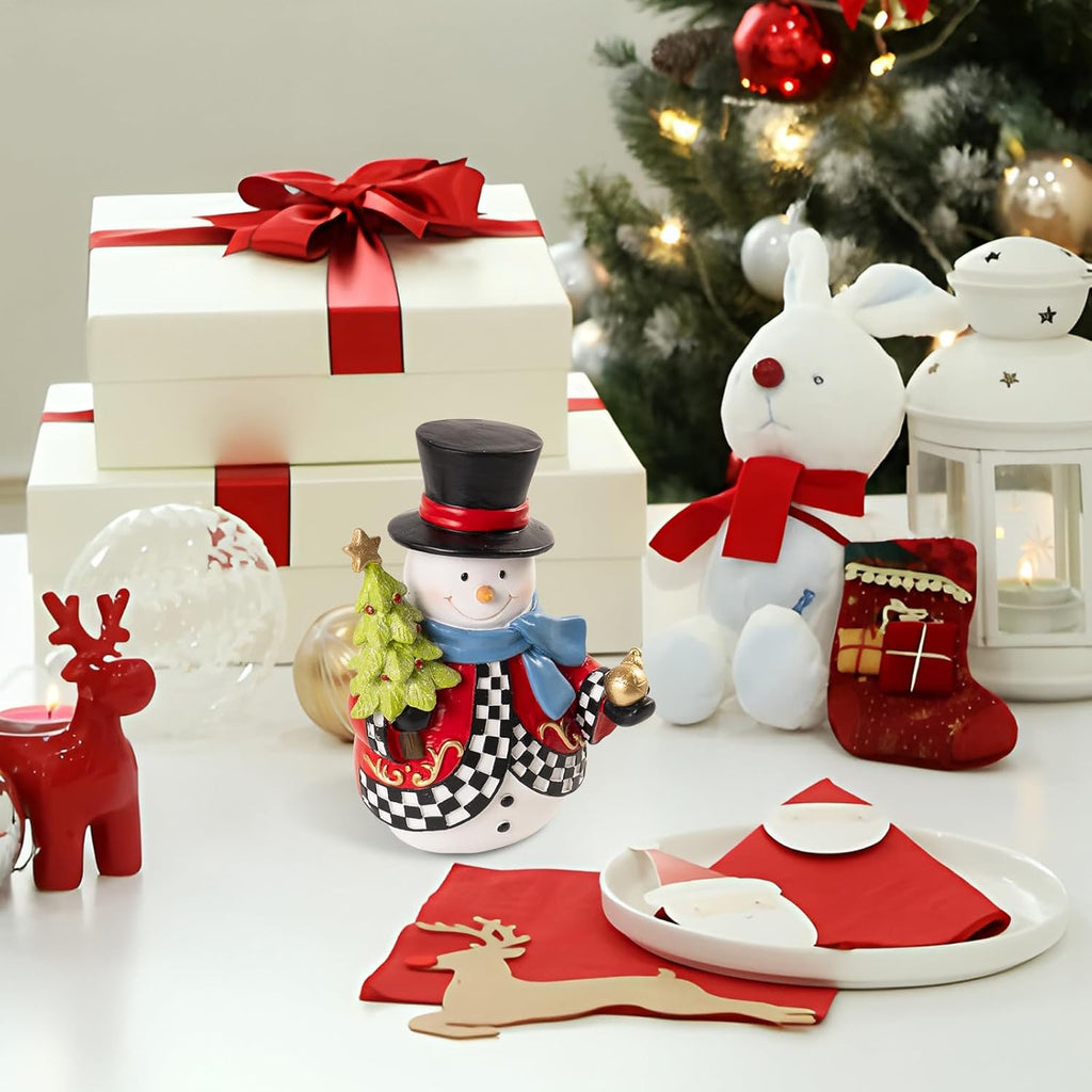 Snowman Figurines | 7.1x4.9 Inch Resin Black & White Checkered Christmas Decor for Home