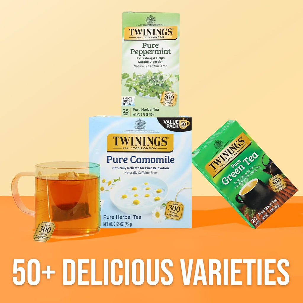 Twinings Pure Peppermint Herbal Tea - Individually Wrapped Bags, 25 Count | Caffeine-Free, Fresh Minty Flavor, Perfect Hot or Iced