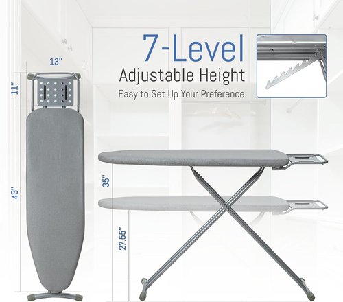 BlissBoard Full Size Ironing Board - Sturdy 43"x13" Heavy Duty Design with Heat Resistant Cover & Adjustable Height