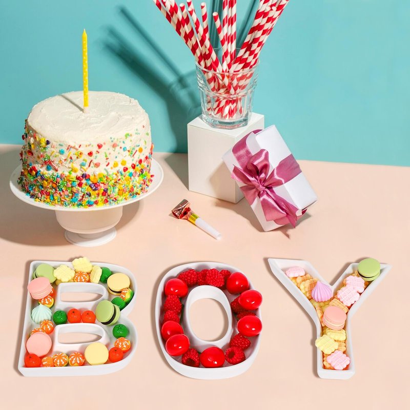 BOY Charcuterie Letters Fillable Ceramic BOY Letter Tray Empty Food Candy Nuts Dish White BOY Letter Set for Baby Shower Gender Reveal Decorations
