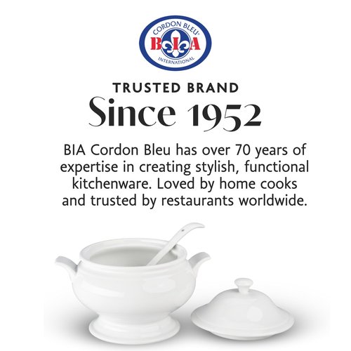 BIA Cordon Bleu Soup Tureen Set, White Porcelain 3-Piece - 3.5 Qt Bowl with Lid & 10" Ladle, Sturdy Handle, Microwaveable Elegant Dinnerware for Serving Soup, Stews, Desserts - Great for Holidays