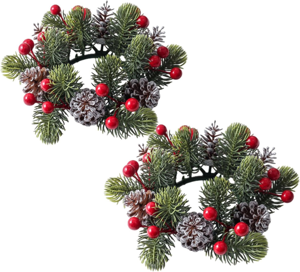 Skiennix Christmas Candle Rings - Artificial Berries & Pinecones Wreaths | 3-Inch Centerpiece for Holiday Decor (Set of 2)