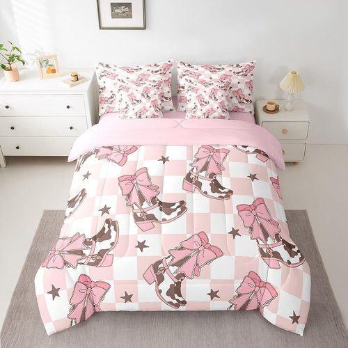 Feelyou Pink Western Bedding Set All Season Cowgirl Cowboy Boots Comforter Set 7 Pieces Cute Bowknot Dreamy Princess Style Bed in a Bag Full Size Plaid Bed Set with Comforter, Sheet Set, Pillowcases