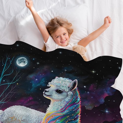 ALIFAFA Llama Blanket, Llama Gifts for Girls, Cute Llama Colorful Boho Print in Galaxy Starry Sparkle Stars Blanket, Magic Space Universe Moon Night Plush Throw Blanket for Kids Teens,50"x40"