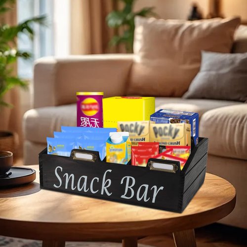 Xbopetda 6 Compartment Wooden Snack Organizer, Black Painted Pine Wood, Countertop Snack Bar Station, Pantry Organizer and Storage