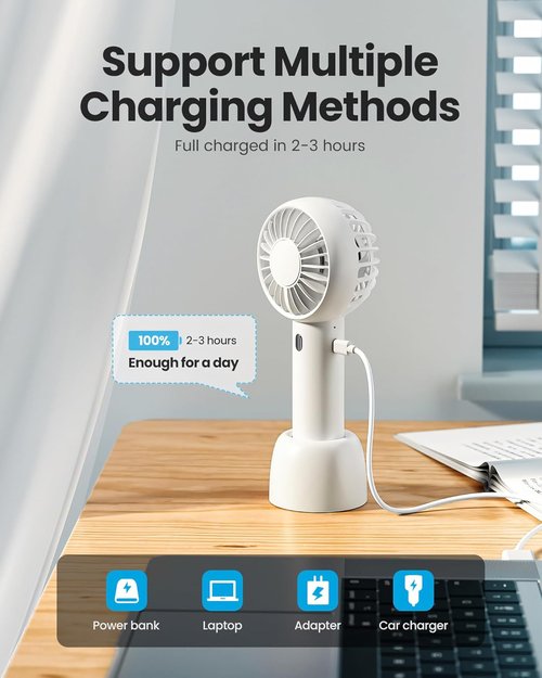 Gaiatop Mini Portable Fan - Lightweight USB Rechargeable Handheld & Desktop Fan | 3-Speed Cute Design in White