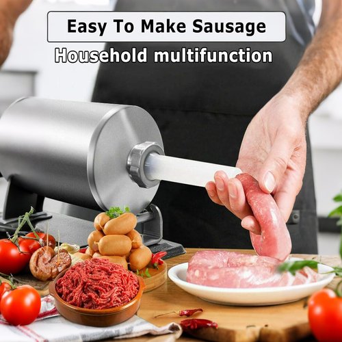 MZTOGR Sausage Stuffer, 2.5LBS Stainless Steel Horizontal Sausage Maker, Homemade Manual Meat Filling Kitchen Machine with 8 Stuffing Tubes
