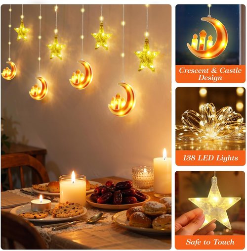 Lewondr LED Moon Castle Fairy Lights - 138 String Lights with Remote Control & Timer | Orange Ramadan Decor