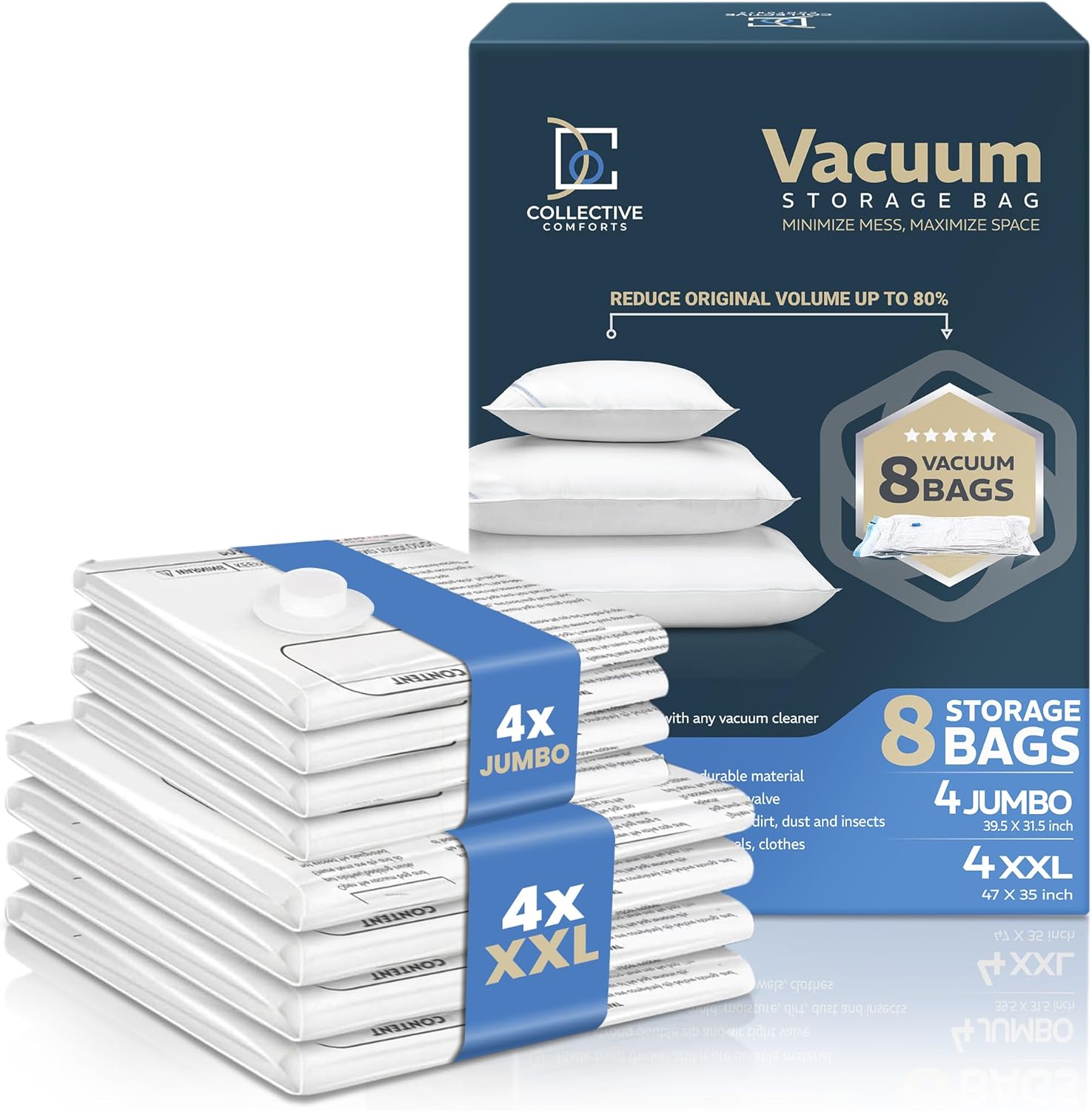 Vacuum Storage Bags by [Brand Name] - 8 Pack of 4 XXL & 4 Jumbo Compression Bags for Bedding & Clothing