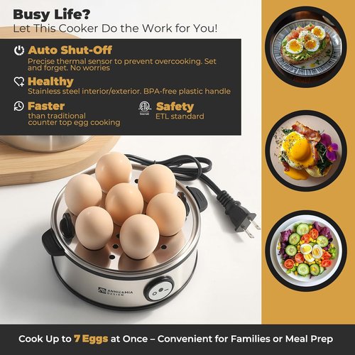 Annie & Mia Electric Egg Cooker - Stainless Steel 7 Egg Capacity | Multi-Function, Auto Shut-Off, BPA-Free