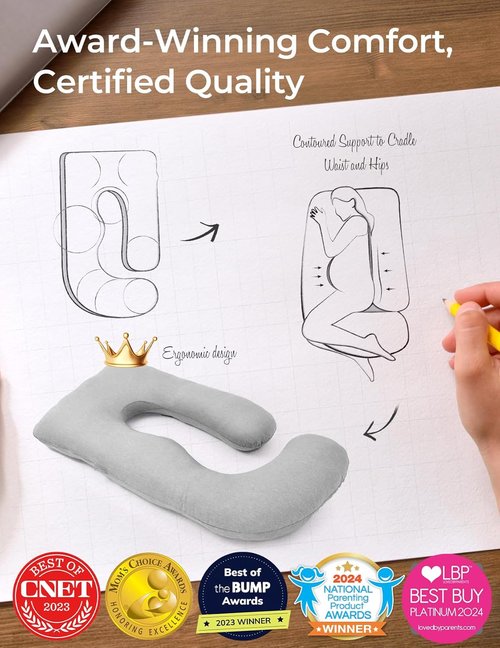 Momcozy U-Shaped Pregnancy Pillow - Full Body Support for Expecting Moms | 57-Inch Grey Jersey Cover
