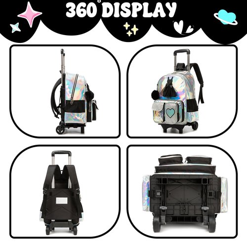 Meetbelify Rolling Backpack for Girls Backpack with Wheels for Elementary Student Kids School Bag with Lunch Box Pencil Case for Girls Ages 6-8 Years Old Black