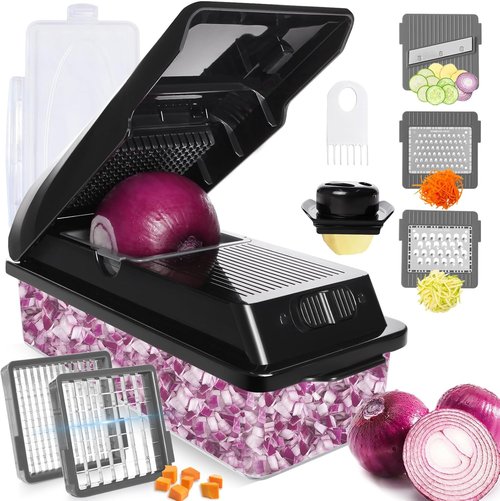 LHS Professional Vegetable Chopper - 7-in-1 Food Chopper with Storage Containers & Mandoline Slicer | Black