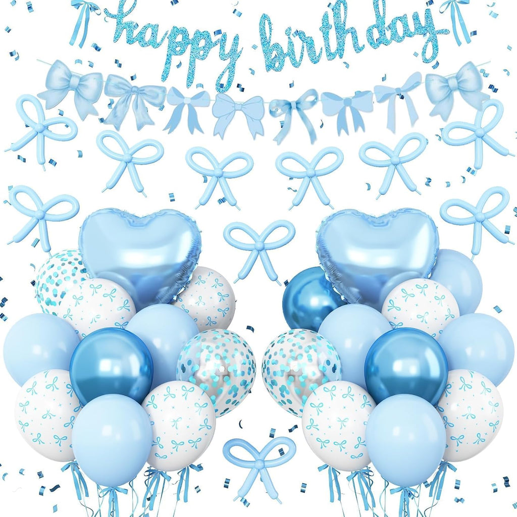 Skiennix Blue Bow Birthday Decorations - Coquette Party Set with Happy Birthday Banner & Heart Foil Balloons