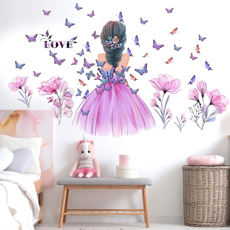 Butterfly Girl Wall Stickers Flower Fairy Wall Decal Pink Floral Wallpaper Colorful Butterflies DIY Removable Vinyl Wall Art for Girls Baby Nursery Bedroom