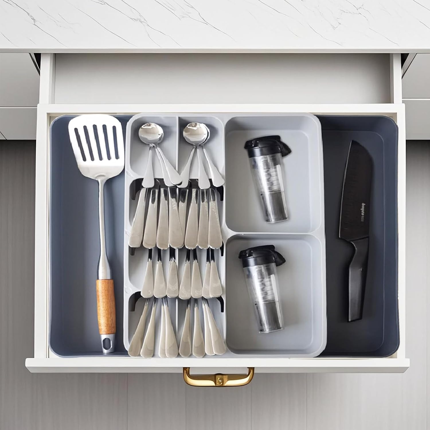 Silverware Organizer - Expandable Cutlery Drawer Tray | Adjustable Plastic Utensil Holder for Home & Kitchen - Large Grey
