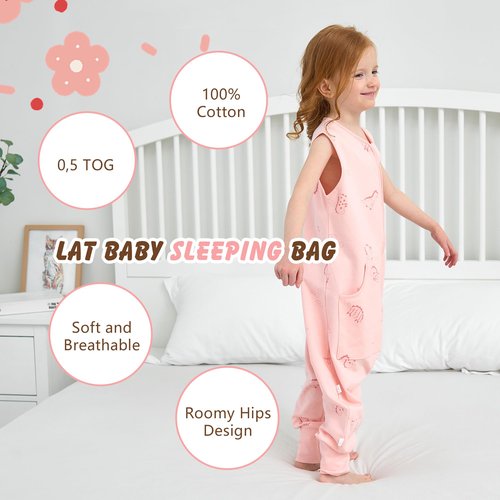 LAT Baby Sleep Sack,Summer Toddler Cotton Sleep Sacks with Legs,Dinosaur for Boys Girls,Baby Wearable Blanket with Zipper(XL(4-6T),Pink)