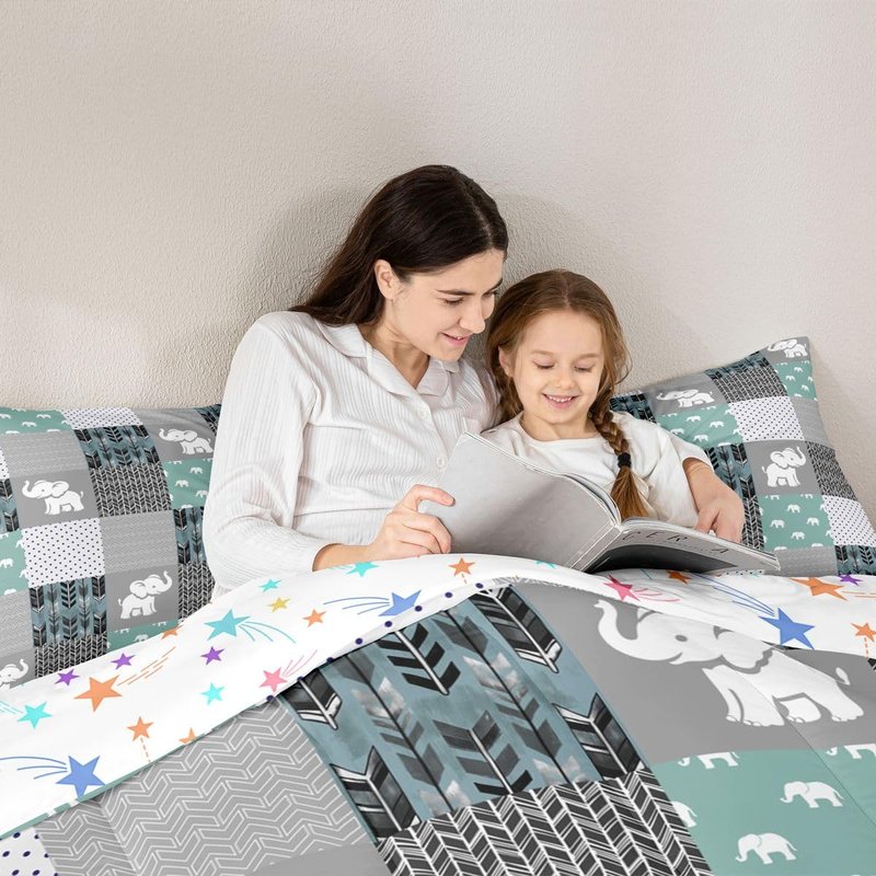 Feelyou Cute Elephant Comforter Boho Buffalo Check Plaid Bedding Set for Boys Girls Women Men Famhouse Geometric Comforter Set Teal Gray Bohemian Arrow Room Decor Twin Size Quilt 2Pcs Boys