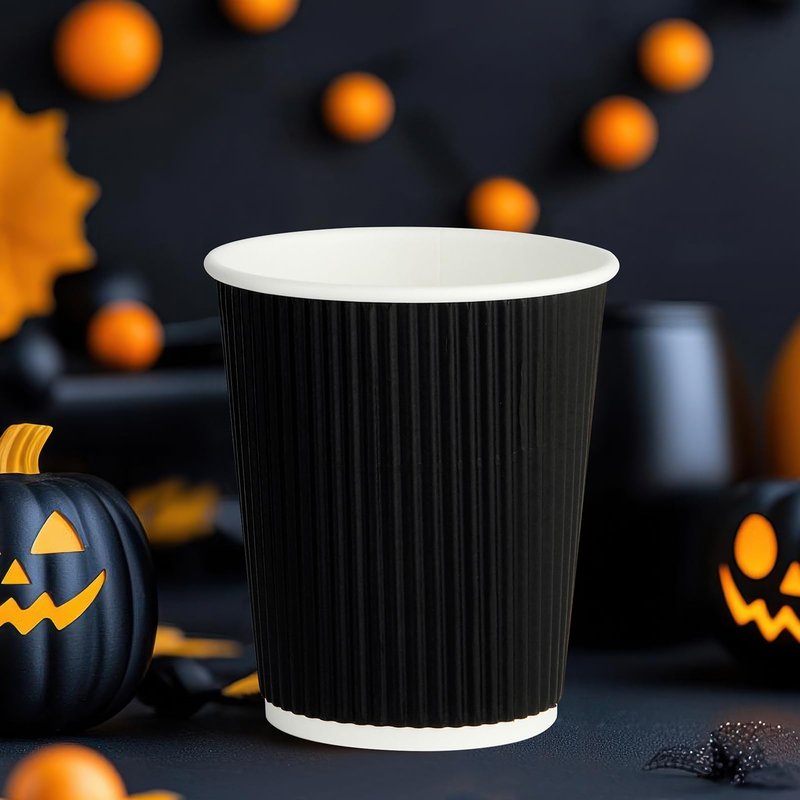 JollyPack 120 Pack 8 oz Paper Coffee Cups, Disposable Coffee Cups, Black Hot Beverage Cups with Ripple Wall Design, Hot Beverage Cups Suitable for Birthday,Party and any occasions